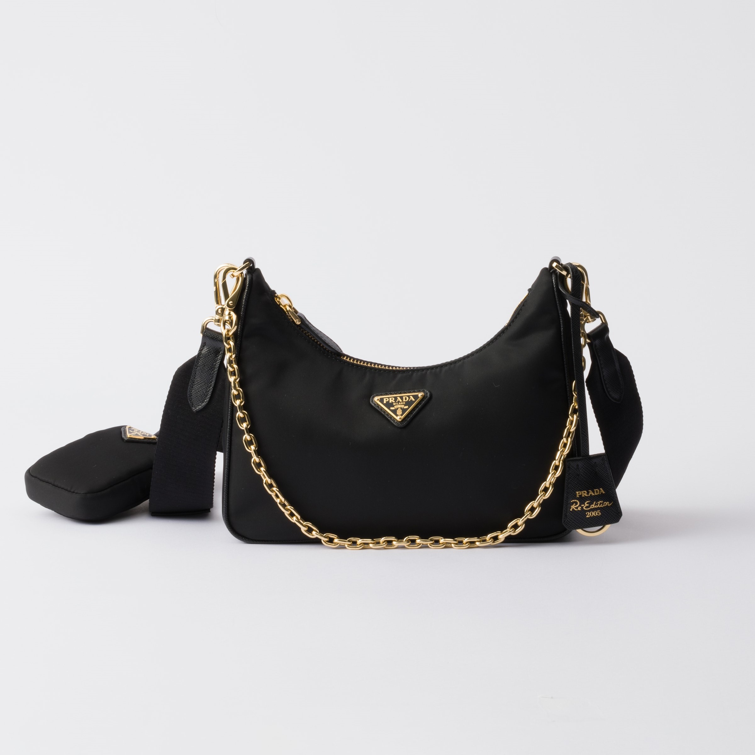 RE-EDITION 2005 RE-NYLON BAG AND SAFFIANO MINI BAG, BLACK (GOLD BUCKLE)