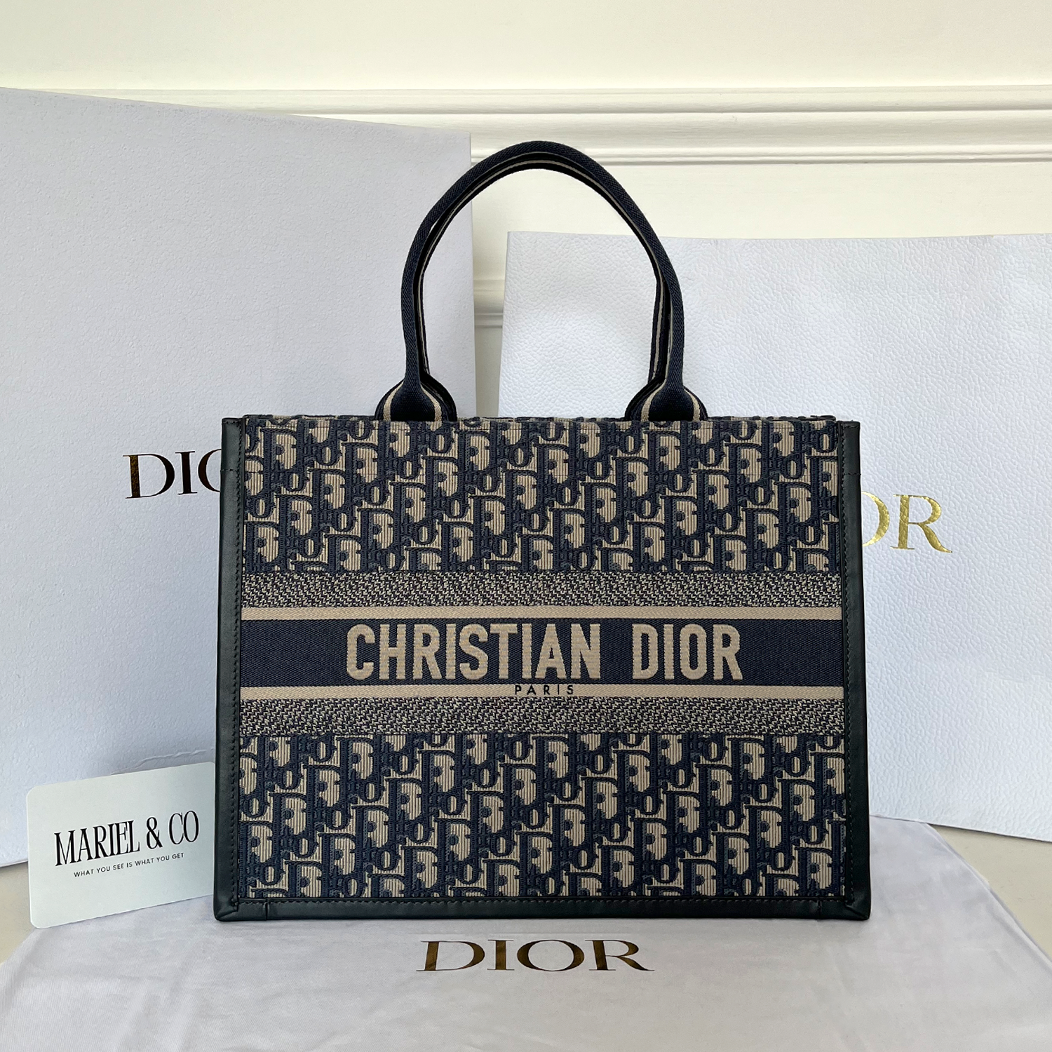 [CD] MEDIUM BOOK TOTE, CALFSKIN – SIGNATURE BLUE OBLIQUE MOTIF