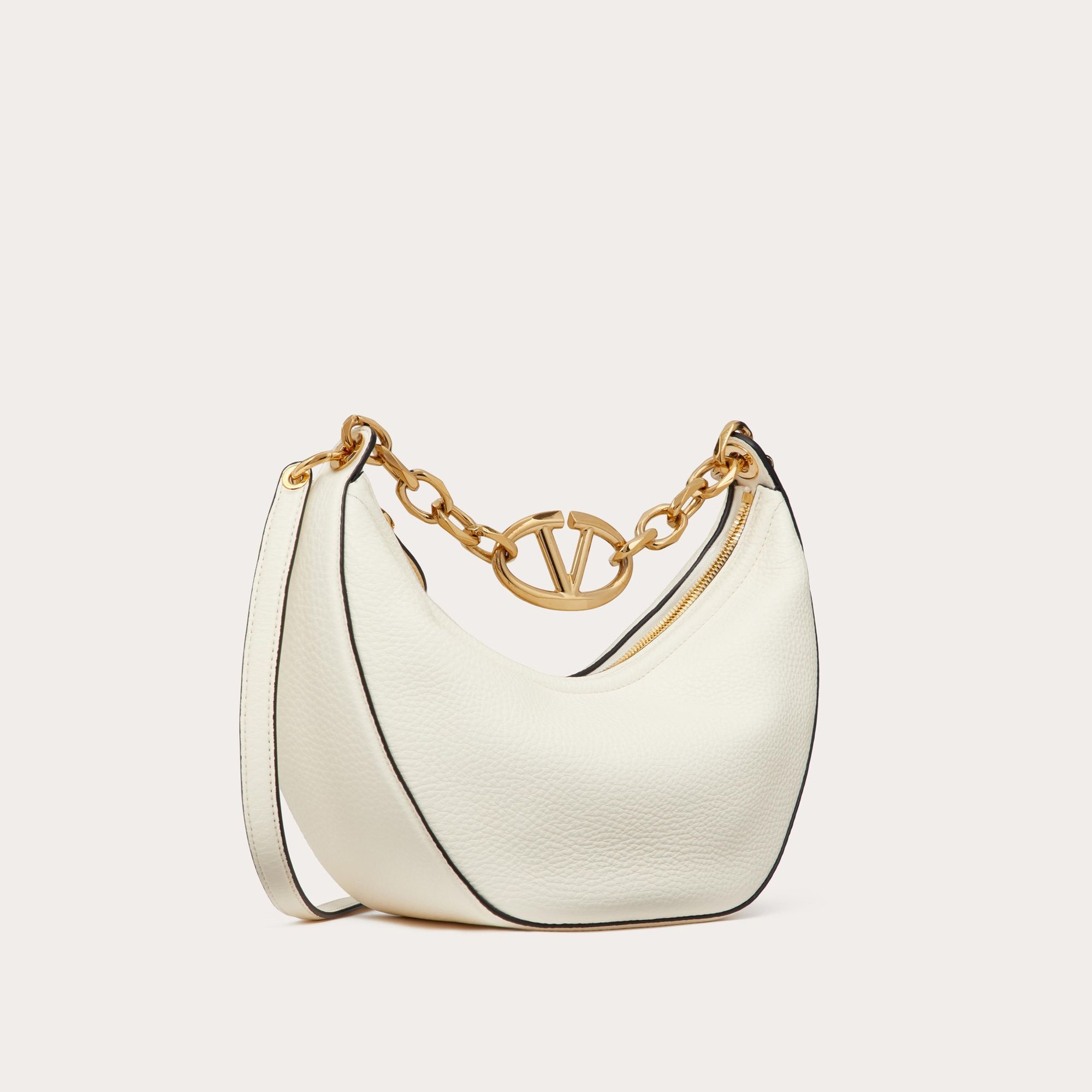 SMALL VLOGO MOON HOBO BAG IN GRAINY CALFSKIN WITH CHAIN, IVORY