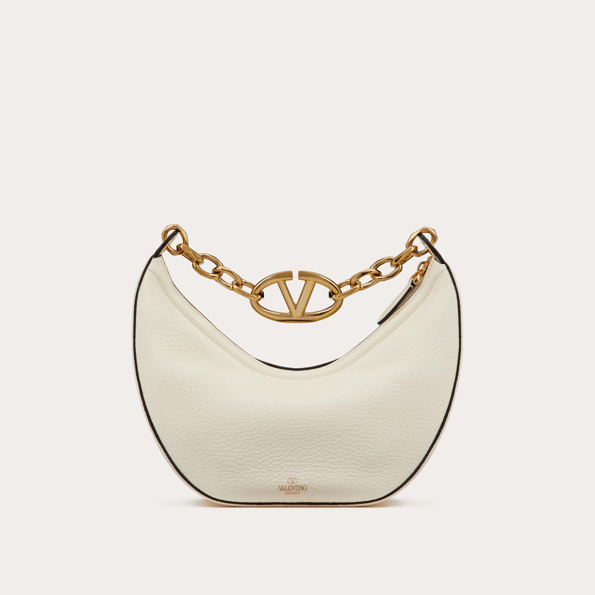 SMALL VLOGO MOON HOBO BAG IN GRAINY CALFSKIN WITH CHAIN, IVORY