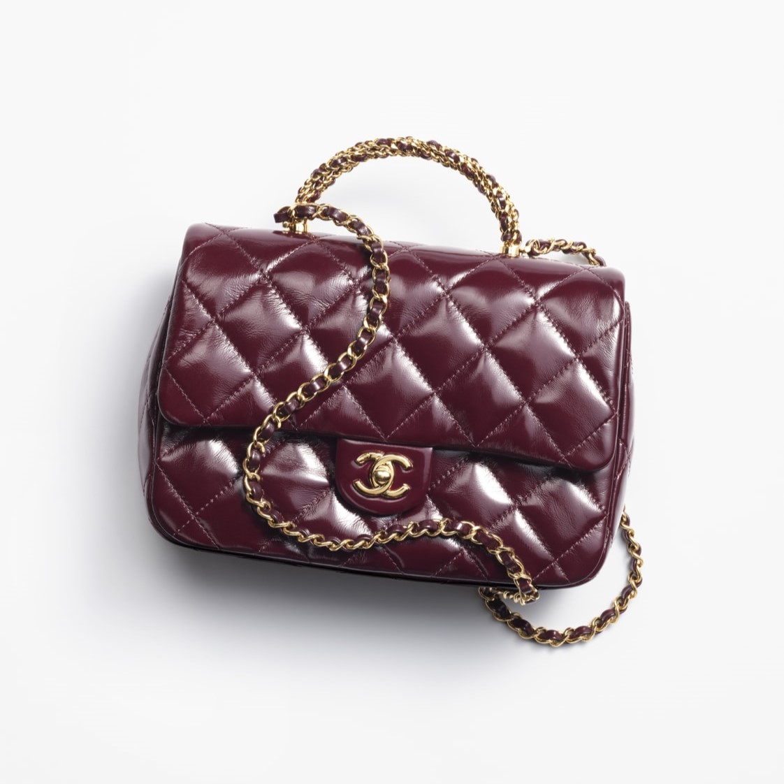 MINI FLAP BAG WITH TOP HANDLE, BURGUNDY