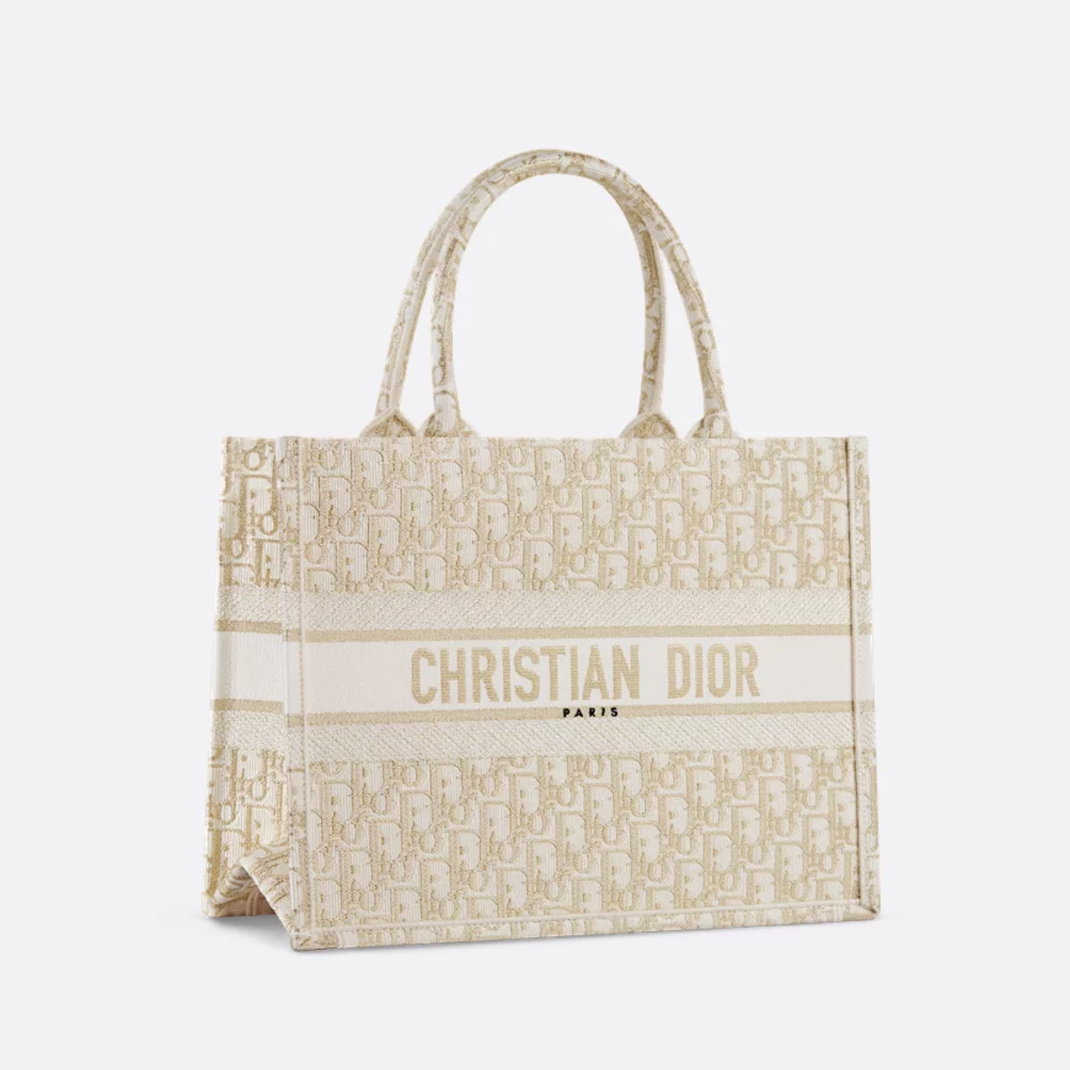 MEDIUM BOOK TOTE, WHITE AND GOLD-TONE OBLIQUE EMBROIDERY