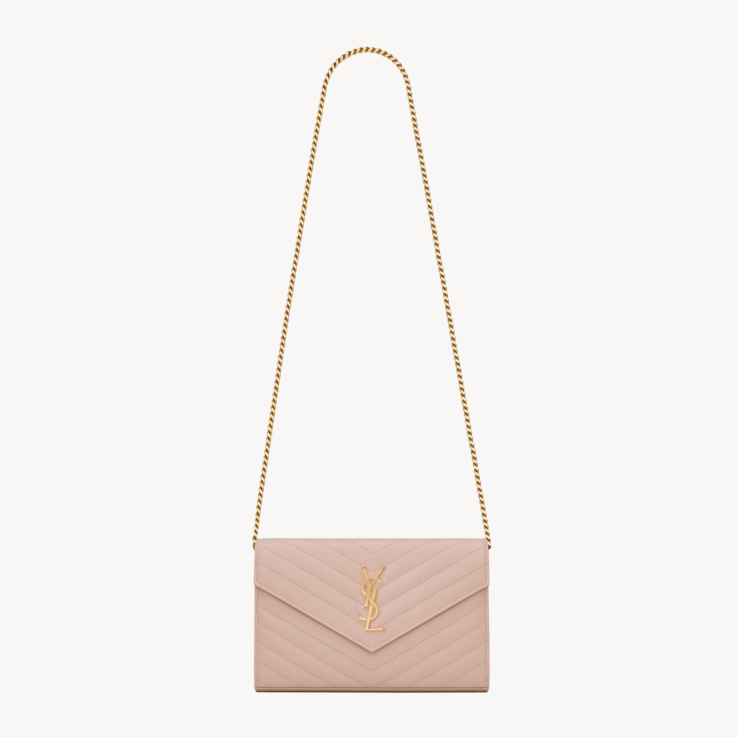 CLASSIC CASSANDRE CHAIN WALLET IN GRAIN DE POUDRE LEATHER, PALE PINK