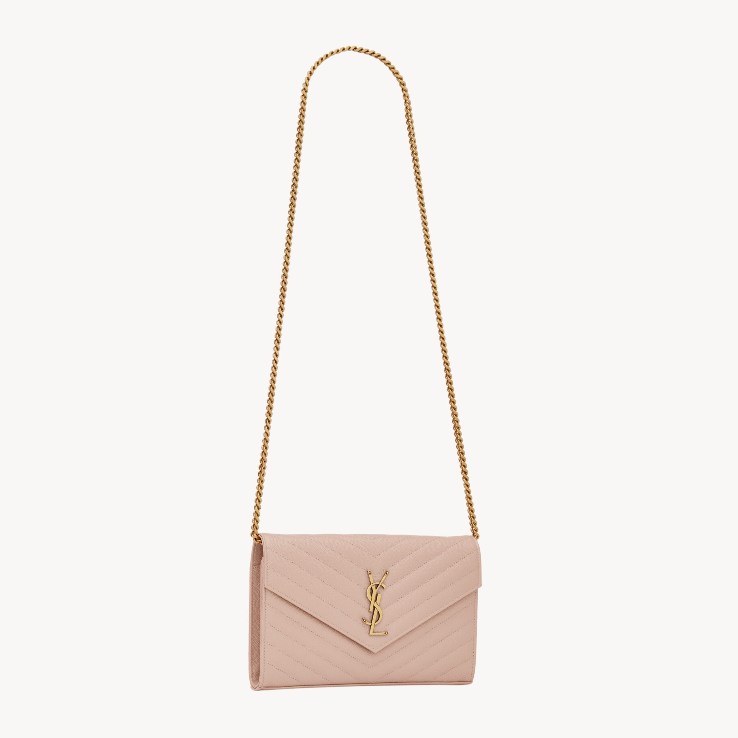 CLASSIC CASSANDRE CHAIN WALLET IN GRAIN DE POUDRE LEATHER, PALE PINK