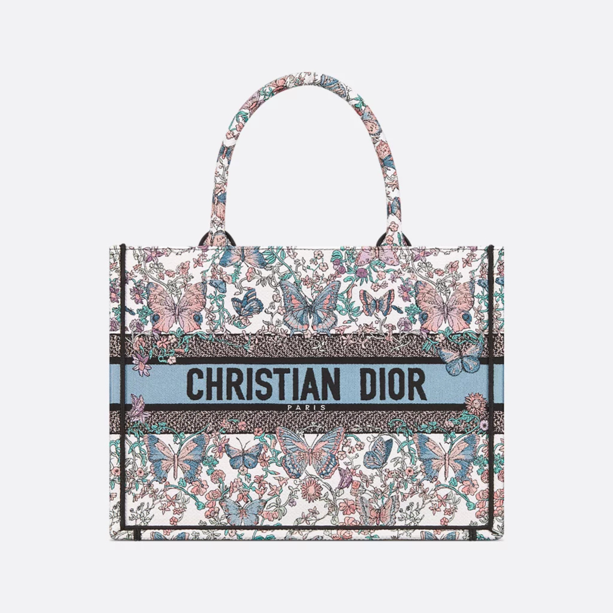[CD] MEDIUM BOOK TOTE, COTTON – WHITE AND BLUE TOILE DE JOUY PAPILLON EMBROIDERY