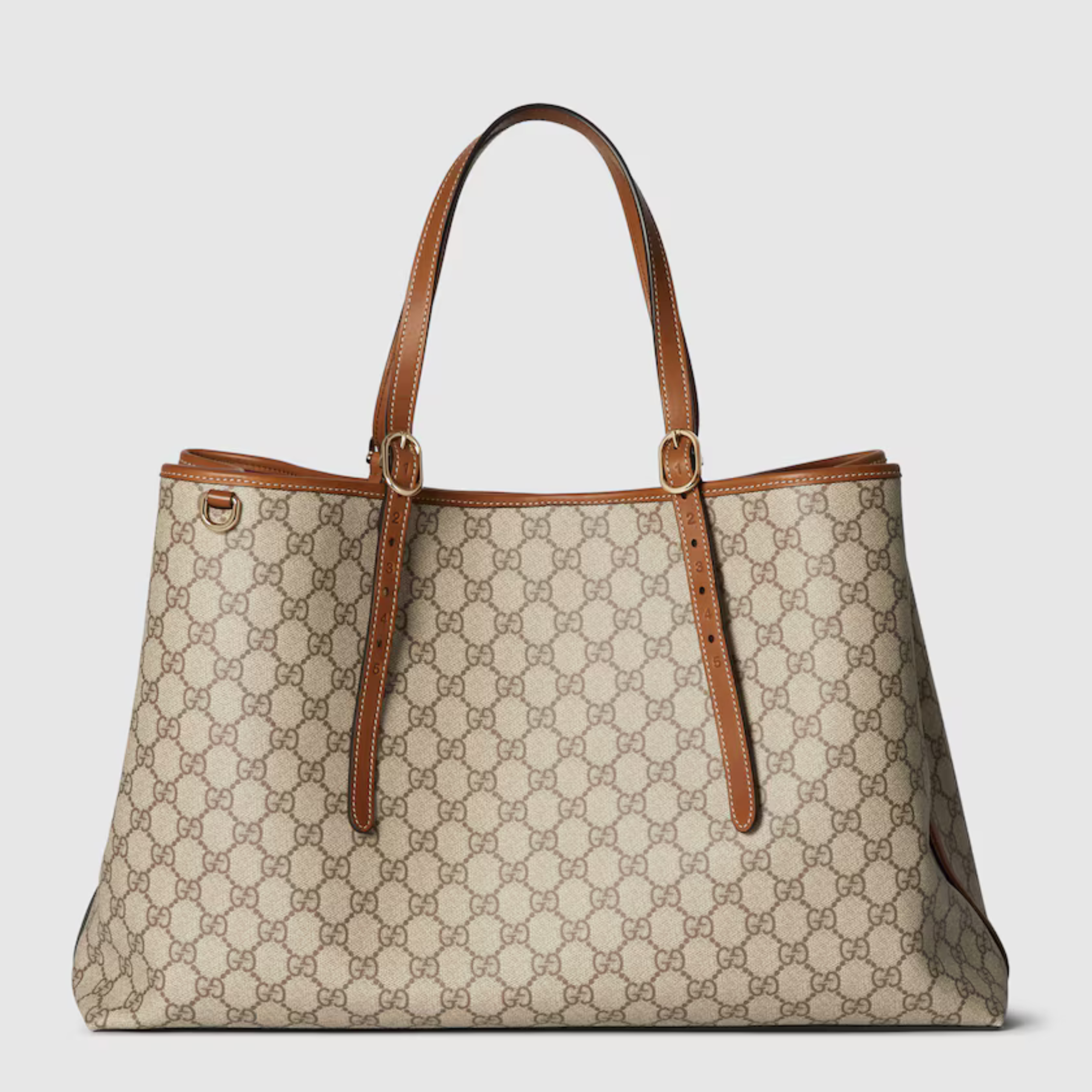 [GG] EMBLEM MAXI TOTE BAG, MONOGRAM COATED FABRIC – BEIGE AND DARK BROWN