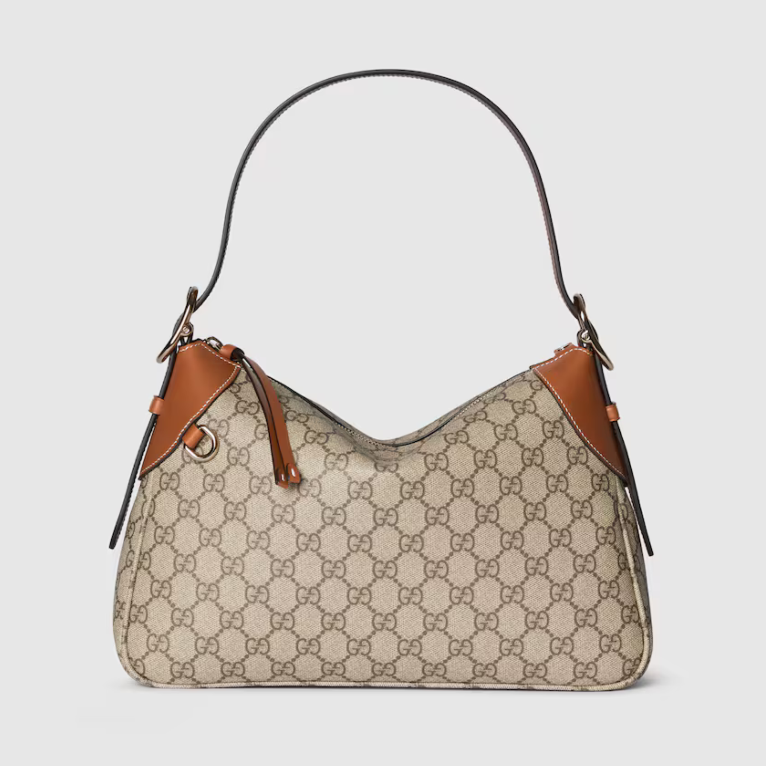 [GG] EMBLEM MEDIUM SHOULDER BAG, MONOGRAM COATED FABRIC – BEIGE AND DARK BROWN