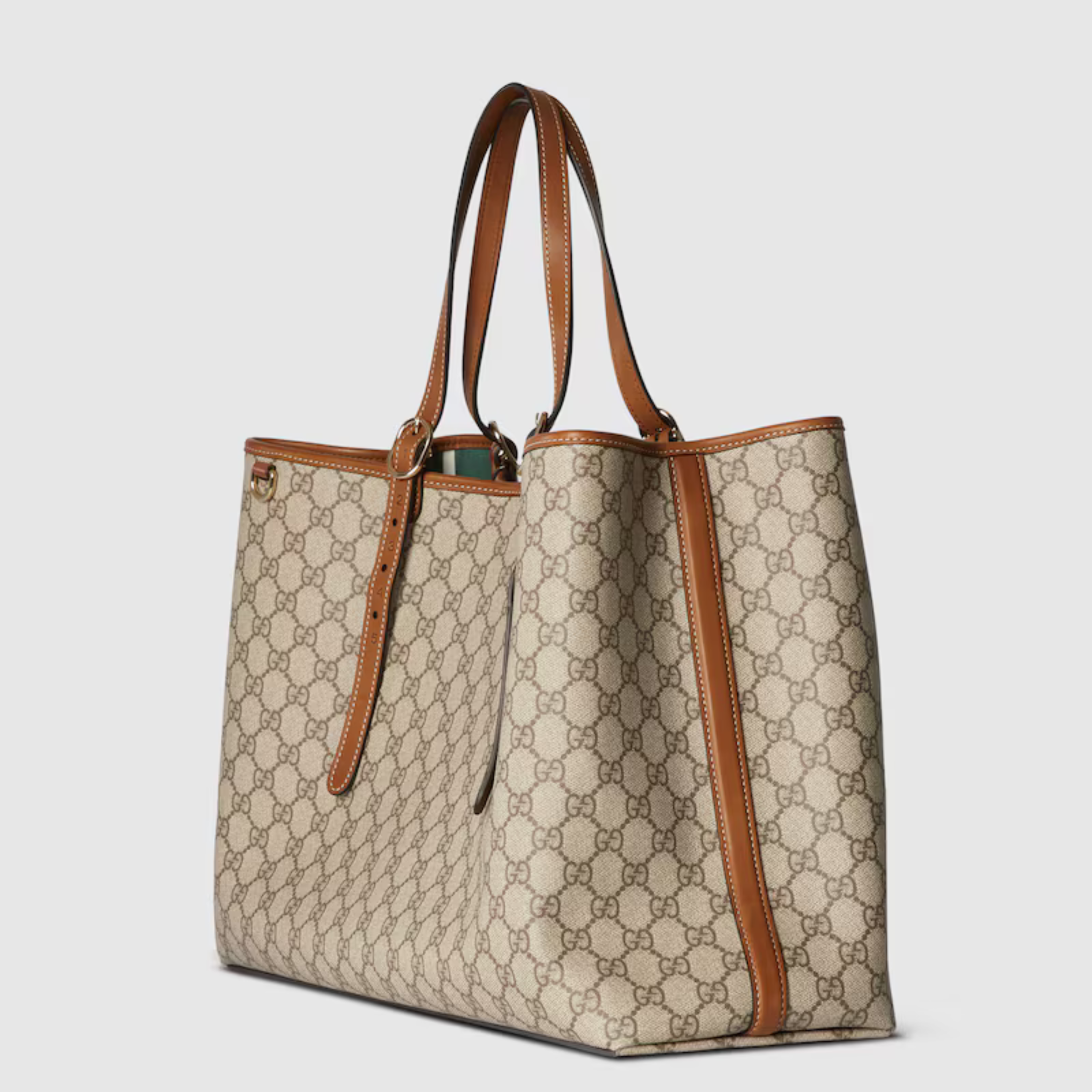 [GG] EMBLEM MAXI TOTE BAG, MONOGRAM COATED FABRIC – BEIGE AND DARK BROWN