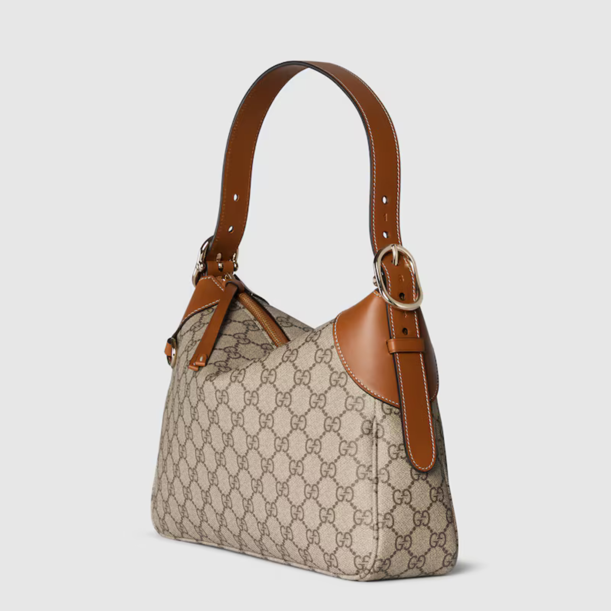 [GG] EMBLEM MEDIUM SHOULDER BAG, MONOGRAM COATED FABRIC – BEIGE AND DARK BROWN