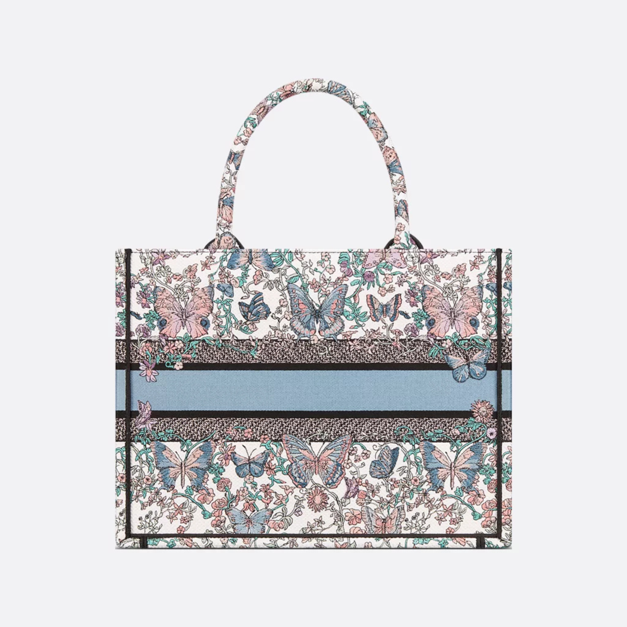 [CD] MEDIUM BOOK TOTE, COTTON – WHITE AND BLUE TOILE DE JOUY PAPILLON EMBROIDERY