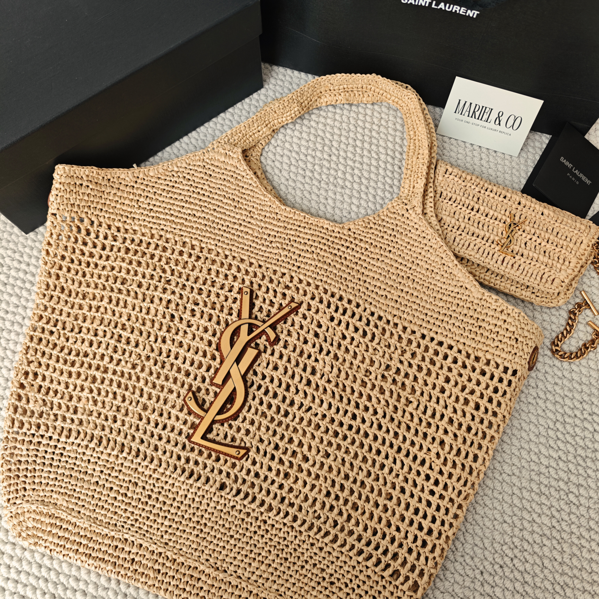 [YSL] ICARE, RAFFIA – NATUREL AND BROWN GOLD