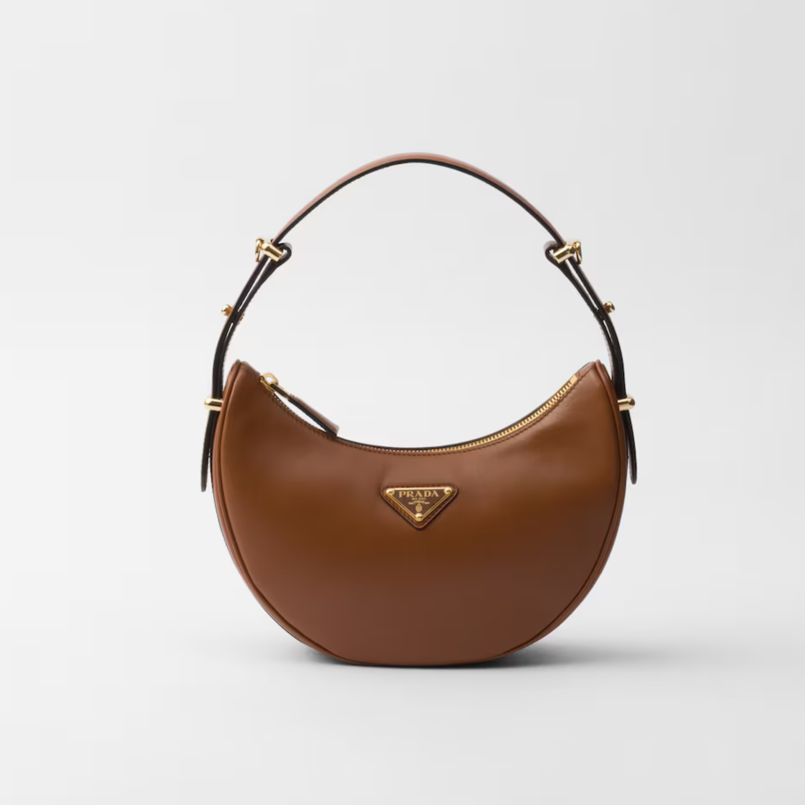 [PRADA] ARQUÉ SMALL LEATHER SHOULDER BAG, CALFSKIN – COGNAC